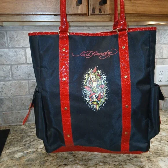 Ed Hardy Dragon Mermaid Tattoo Tote Bag • Red Croc Trim • Y2K Punk Streetwear - Picture 2 of 10